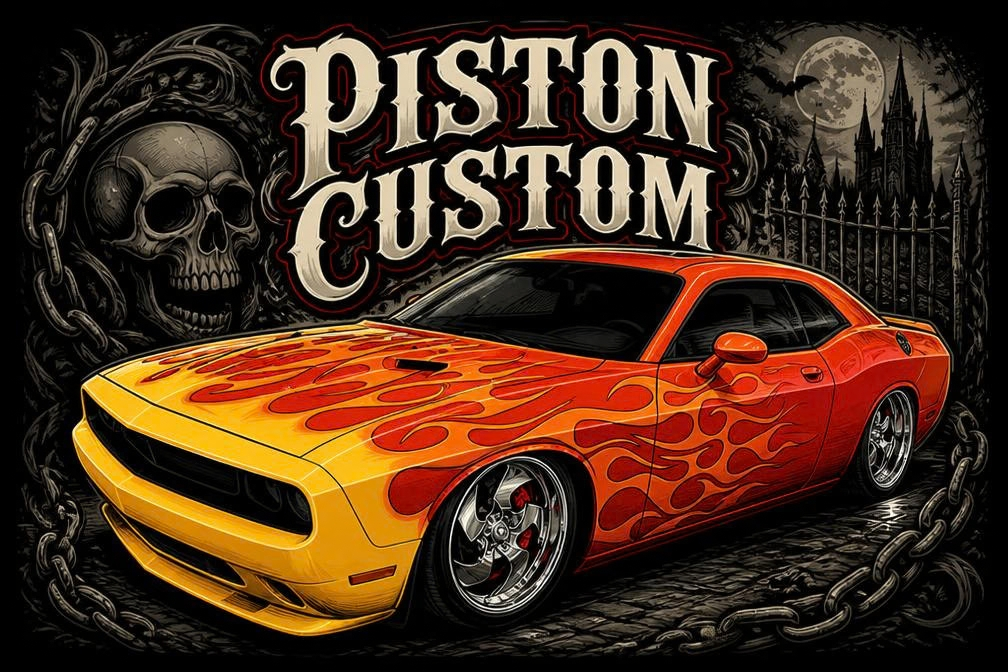 T-shirt Piston Custom – Challenger flaming