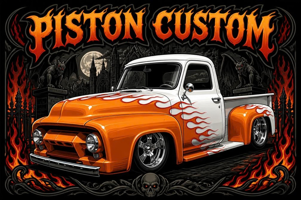 T-shirt Piston Custom – Orange Skull Hauler